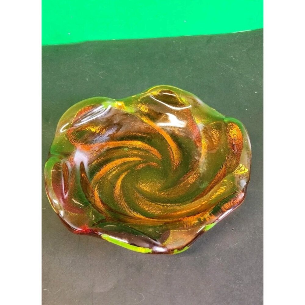 Vintage Fenton MCM Amber Swirl Ashtray / Candy Trinket Dish, Heavy Art Glass 8in